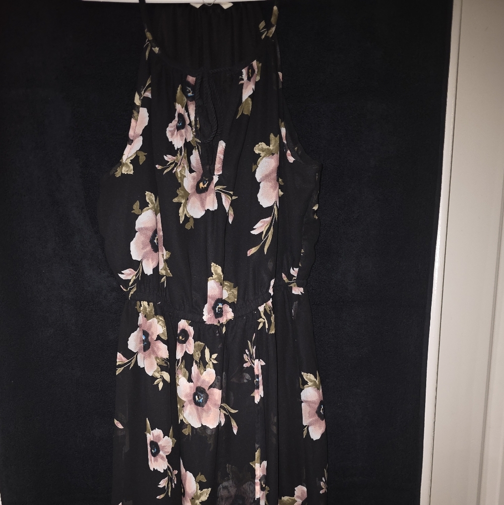 Black Floral Halter Dress with Pink Flowers